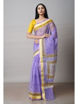 Unnati Silks - Purple Pure Block Printed Kota Cotton Saree with Unstitched Blouse