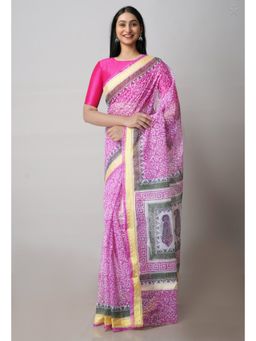 Unnati Silks - Pink Pure Block Printed Kota Cotton Saree with Unstitched Blouse