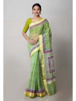 Unnati Silks - Green Pure Block Printed Kota Cotton Saree with Unstitched Blouse