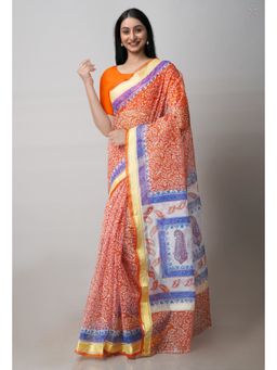 Unnati Silks - Orange Pure Block Printed Kota Cotton Saree with Unstitched Blouse