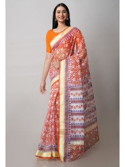 Unnati Silks - Orange Pure Block Printed Kota Cotton Saree with Unstitched Blouse