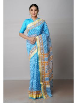 Unnati Silks - Blue Pure Block Printed Kota Cotton Saree with Unstitched Blouse