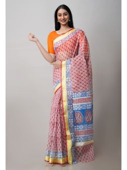Unnati Silks - Maroon Pure Block Printed Kota Cotton Saree with Unstitched Blouse