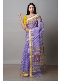 Unnati Silks - Purple Pure Block Printed Kota Cotton Saree with Unstitched Blouse