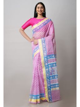 Unnati Silks - Pink Pure Block Printed Kota Cotton Saree with Unstitched Blouse