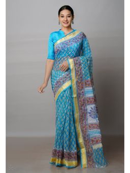 Unnati Silks - Blue Pure Block Printed Kota Cotton Saree with Unstitched Blouse