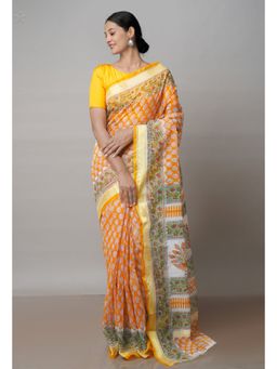 Unnati Silks - Orange Pure Block Printed Kota Cotton Saree with Unstitched Blouse