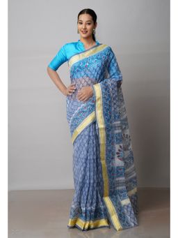 Unnati Silks - Grey Pure Block Printed Kota Cotton Saree with Unstitched Blouse