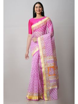Unnati Silks - Pink Pure Block Printed Kota Cotton Saree with Unstitched Blouse