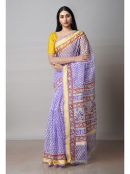 Unnati Silks - Purple Pure Block Printed Kota Cotton Saree with Unstitched Blouse