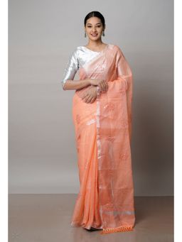 Unnati Silks - Orange Pure Sequined Embroidered Kota Cotton Saree with Unstitched Blouse