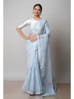 Unnati Silks - Grey Pure Sequined Embroidered Kota Cotton Saree with Unstitched Blouse