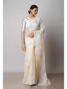 Unnati Silks - Beige Pure Sequined Embroidered Kota Cotton Saree with Unstitched Blouse