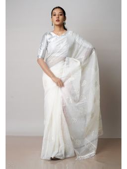 Unnati Silks - Off White Pure Sequined Embroidered Kota Cotton Saree with Unstitched Blouse