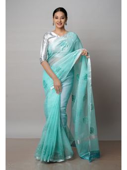 Unnati Silks - Turquoise Blue Pure Sequined Embroidered Saree with Unstitched Blouse