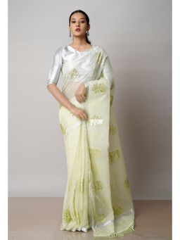 Unnati Silks - Pale Green Pure Sequined Embroidered Kota Cotton Saree with Unstitched Blouse
