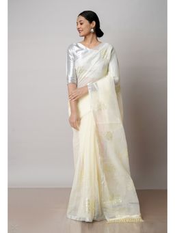 Unnati Silks - Cream Pure Sequined Embroidered Kota Cotton Saree with Unstitched Blouse