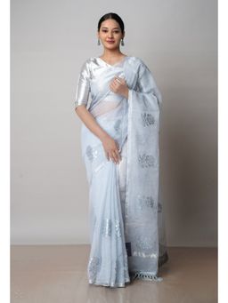 Unnati Silks - Pale Grey Pure Sequined Embroidered Kota Cotton Saree with Unstitched Blouse