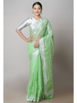 Unnati Silks - Green Pure Sequined Embroidered Kota Cotton Saree with Unstitched Blouse