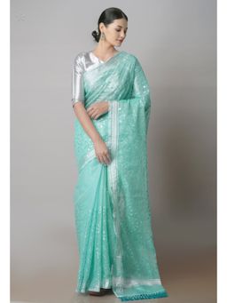 Unnati Silks - Blue Pure Sequined Embroidered Kota Cotton Saree with Unstitched Blouse