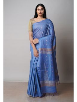 Unnati Silks - Navy Blue Chanderi Sico Woven Saree with Unstitched Blouse