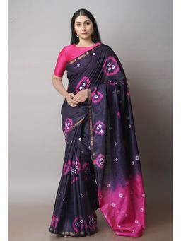 Unnati Silks - Navy Blue Batik Printed Chanderi Sico Saree with Unstitched Blouse