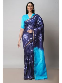 Unnati Silks - Navy Blue Batik Printed Chanderi Sico Saree with Unstitched Blouse