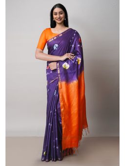 Unnati Silks - Navy Blue Batik Printed Chanderi Sico Saree with Unstitched Blouse