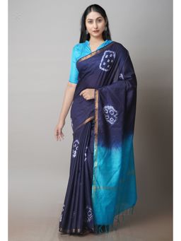 Unnati Silks - Navy Blue Batik Printed Chanderi Sico Saree with Unstitched Blouse