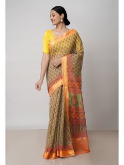 Unnati Silks - Green Pure Block Printed Kota Cotton Saree with Unstitched Blouse