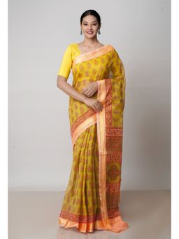 Unnati Silks - Mehendi Green Pure Block Printed Kota Cotton Saree with Unstitched Blouse
