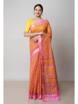 Unnati Silks - Orange Pure Block Printed Kota Cotton Saree with Unstitched Blouse