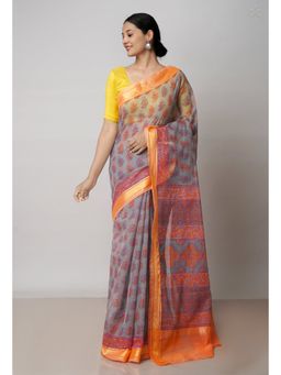 Unnati Silks - Grey Pure Block Printed Kota Cotton Saree with Unstitched Blouse