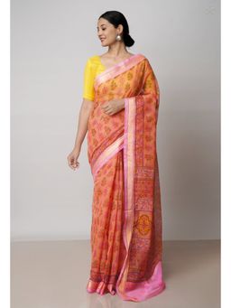 Unnati Silks - Orange Pure Block Printed Kota Cotton Saree with Unstitched Blouse