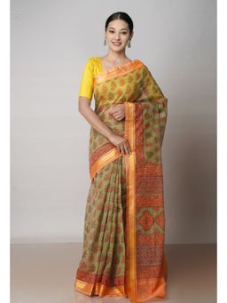 Unnati Silks - Green Pure Block Printed Kota Cotton Saree with Unstitched Blouse