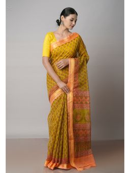 Unnati Silks - Mehendi Green Pure Block Printed Kota Cotton Saree with Unstitched Blouse