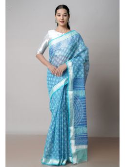 Unnati Silks - Blue Pure Block Printed Kota Cotton Saree with Unstitched Blouse