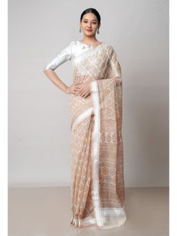 Unnati Silks - Off White Pure Block Printed Kota Cotton Saree with Unstitched Blouse