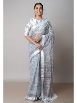 Unnati Silks - Pale Grey Pure Block Printed Kota Cotton Saree with Unstitched Blouse
