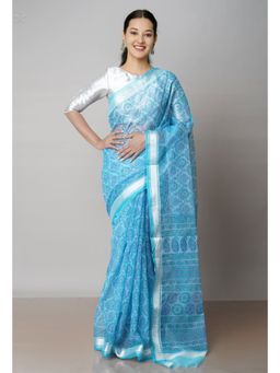 Unnati Silks - Blue Pure Block Printed Kota Cotton Saree with Unstitched Blouse