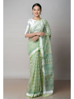 Unnati Silks - Pale Green Pure Block Printed Kota Cotton Saree with Unstitched Blouse
