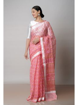 Unnati Silks - Pink Pure Block Printed Kota Cotton Saree with Unstitched Blouse