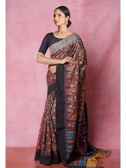Unnati Silks - Maroon Pure Handloom Pen Kalamkari Print Tussar Jute Saree