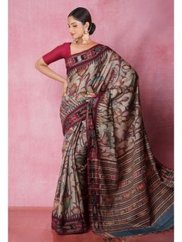 Unnati Silks - Beige Pure Handloom Pen Kalamkari Print Tussar Jute Saree