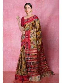 Unnati Silks - Yellow Pure Handloom Pen Kalamkari Print Tussar Jute Saree