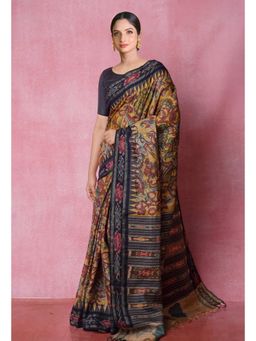 Unnati Silks - Yellow Pure Handloom Pen Kalamkari Print Tussar Jute Saree