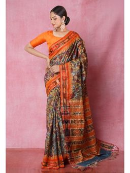 Unnati Silks - Yellow Pure Handloom Pen Kalamkari Print Tussar Jute Saree