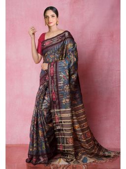 Unnati Silks - Blue Pure Handloom Pen Kalamkari Print Tussar Jute Saree