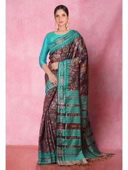Unnati Silks - Brown Pure Handloom Pen Kalamkari Print Tussar Jute Saree