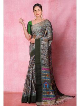 Unnati Silks - Blue Pure Handloom Pen Kalamkari Print Tussar Jute Saree
